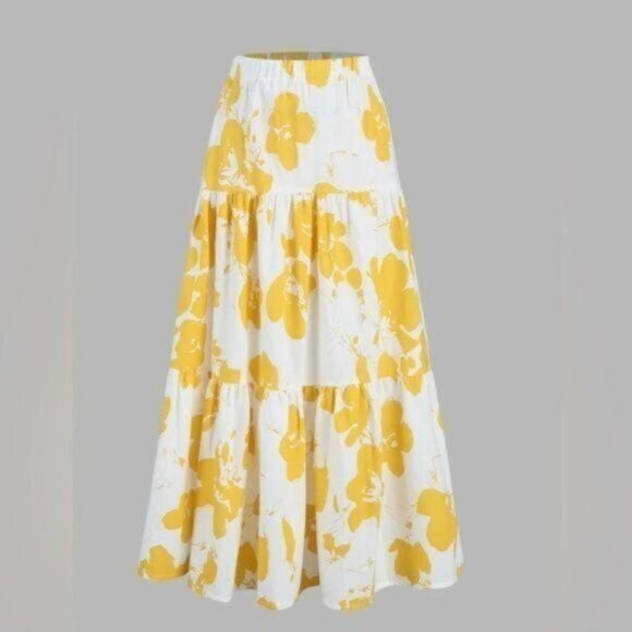 Commense yellow plumeria Two piece midi skirt and matching top Size Small New - Picture 3 of 14